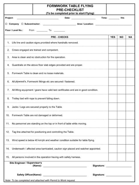 Formwork Table Pre-Flying Construction Checklist - Construction Documents And Templates