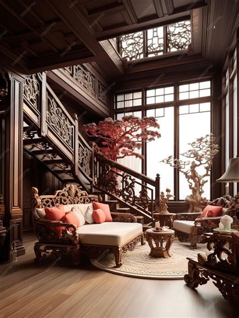 Premium AI Image | Interior view of living room in Chinese style mansion