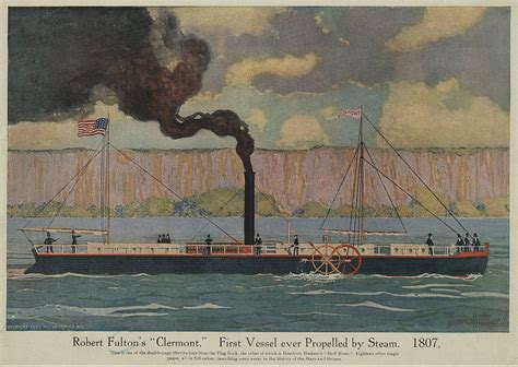 A print depicting Robert Fulton’s steamboat, the *Clermont*, which had its first successful ...