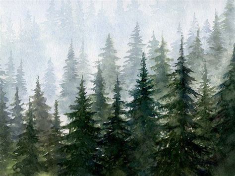 Misty Forest Printable Wall Art, Watercolor Evergreen Trees Painting, Deep Green Nordic Forest ...