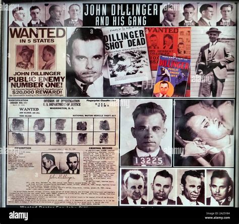 Montage of pictures, headlines and documents relating to John Dillinger and his gang. John ...