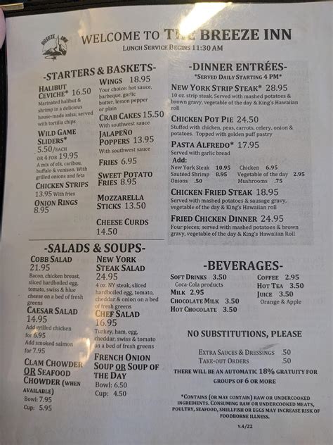 Menu at Breeze Inn Restaurant & Lounge, Seward