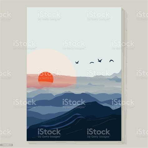 Mountain View With Sunset Background Poster Template Stock Illustration ...