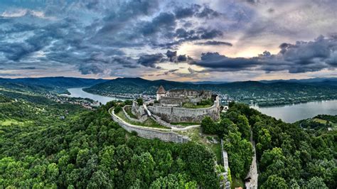 old building, castle, trees, forest, river, Hungary, Visegrád ...