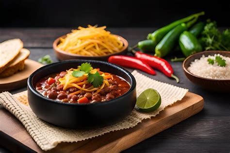 Premium AI Image | a bowl of chili with beans and beans on a table.