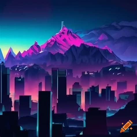 Neon city with mountains on Craiyon