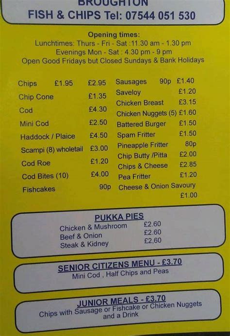 Menu at Broughton Fish and Chip Shop restaurant, England