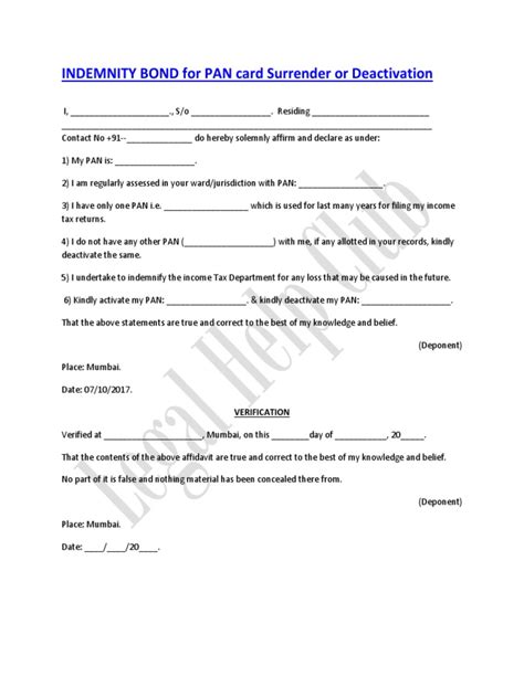 INDEMNITY BOND Format For PAN Card Surrender or Deactivation | PDF