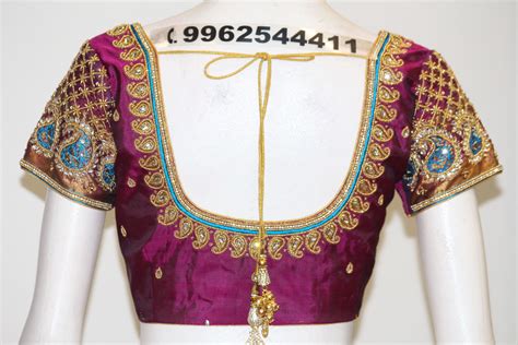 Mango design aari work on purple silk blouse | Fabloon | Blouse designs ...