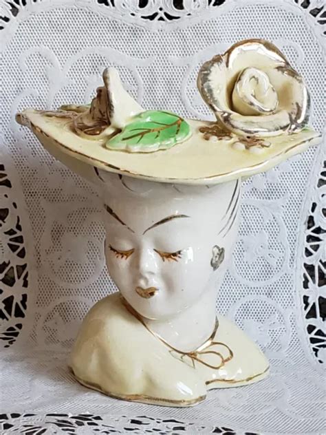 VINTAGE CERAMIC LADY Head Vase Planter Gold Yellow Hat w/ Bow + Hat Chip $13.50 - PicClick