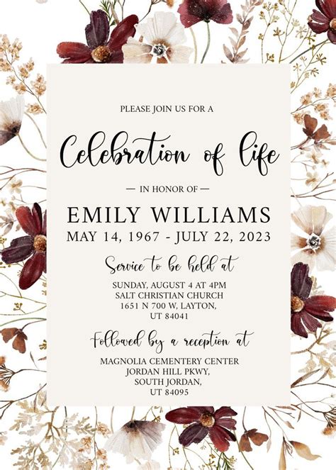 Celebration of life Invitation, Red Dried Flowers Funeral Invitation ...