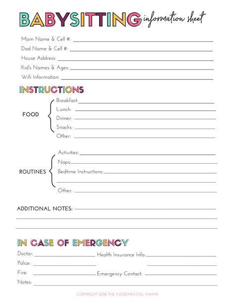 Free Printable Babysitting Information Sheet | Babysitting, Babysitter printable, Babysitting jobs