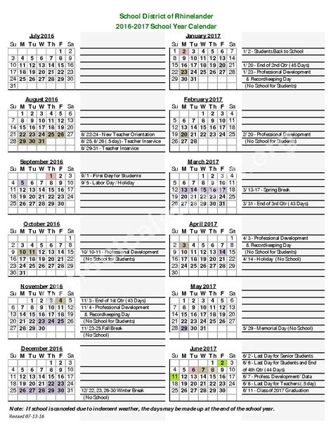 2016 - 2017 School Calendar | Rhinelander School District – Rhinelander, WI