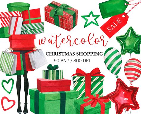 Watercolor Christmas Shopping Clipart Shopping Girl - Etsy