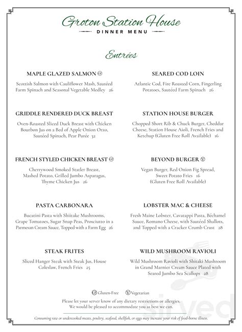 Groton Station House Restaurant menu in Groton, Massachusetts, USA