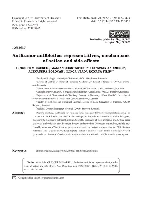 (PDF) Antitumor antibiotics: representatives, mechanisms of action and side effects