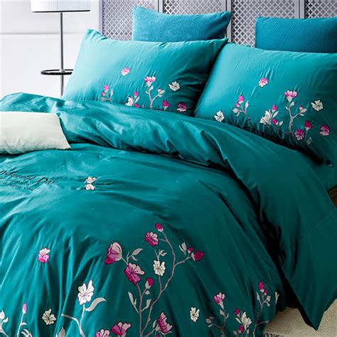 FADFAY Luxury 4 Pieces 100% Cotton Teal Queen Size Buttons Duvet Cover ...