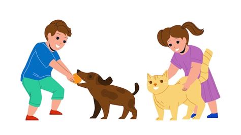 Premium Vector | Kids Playing With Pets Together In Park Vector. Little Boy Play With Dog And ...