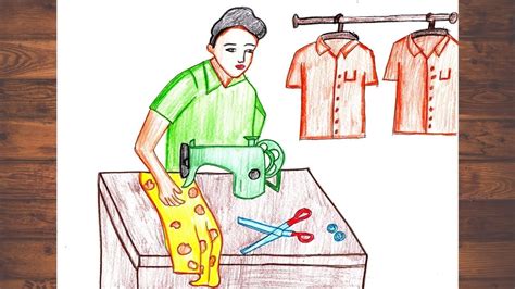 How to draw the tailor scene sewing clothes easy step by step\\Tailor ...