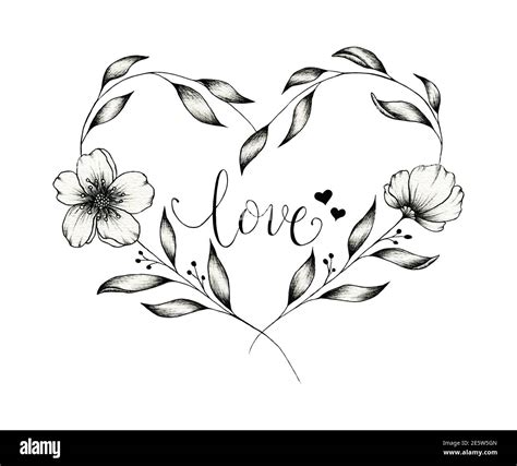 Vintage floral heart monochrome design isolated on white, ink hand drawn heart with flowers and ...