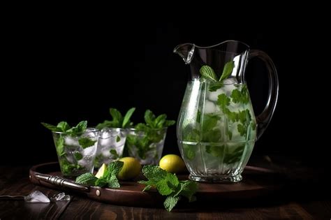 Premium Photo | A pitcher of mint lemonade with a glass pitcher and a ...