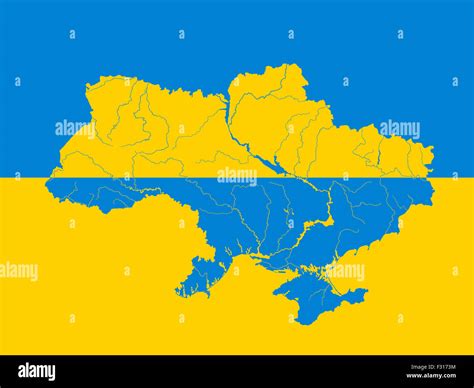 Map of Ukraine on the Ukrainian flag. Rivers are shown Stock Photo - Alamy