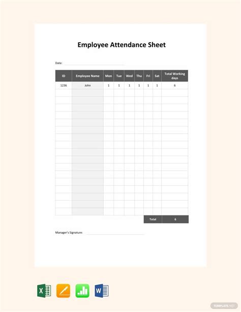 Employee Attendance Sheet Template in Excel, Pages, Numbers, Word ...