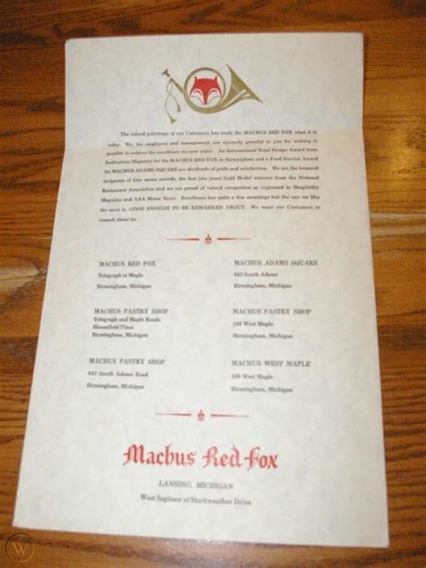 Large Vintage Machus Red Fox Restaurant Menu Lansing Michigan | #1913190948