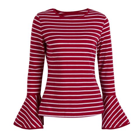 Women Fashion Ladies Red White Striped Long Ruffle Sleeve Shirt Loose Casual Blouse Tops -in ...