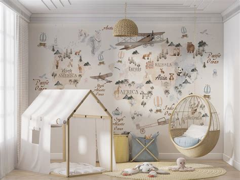 World Map Kids Animals World Map Hot Air Balloon Wallpaper - Etsy