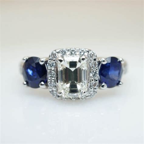 Vintage Sapphire Engagement Ring Oval Sapphire Emerald Cut Diamond Engagement Ring Wedding Band ...