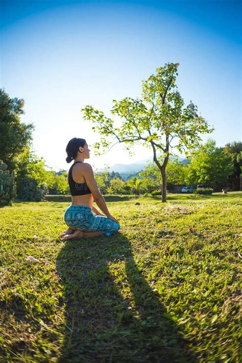 The Girl Practices Yoga on the Green Grass on a Background of Green Trees and Mountains Stock ...