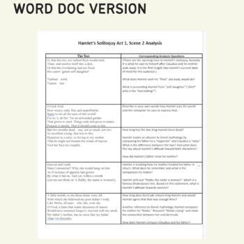 Hamlet Act 1 Scene 2 Soliloquy Analysis Questions Worksheet | TPT