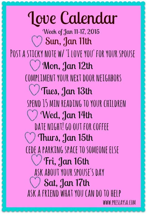 Free Printable Love Calendar, Week of Jan 11, 2015 - Preslaysa Williams