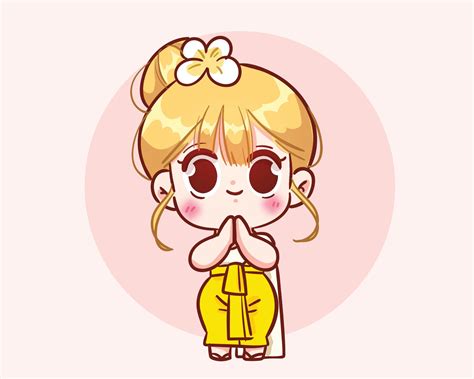 Cute girl in thailand traditional greeting with namaste poses logo banner hand drawn cartoon art ...