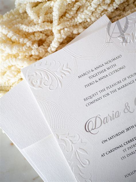 TINA & DARIO | Embossed Wedding Invitation Cards White & Silver Foil