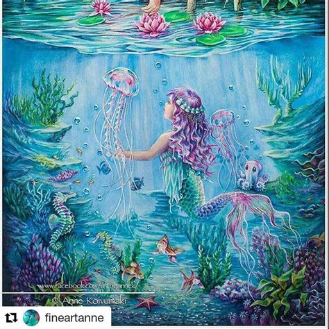 a painting of two mermaids with jellyfish in the water