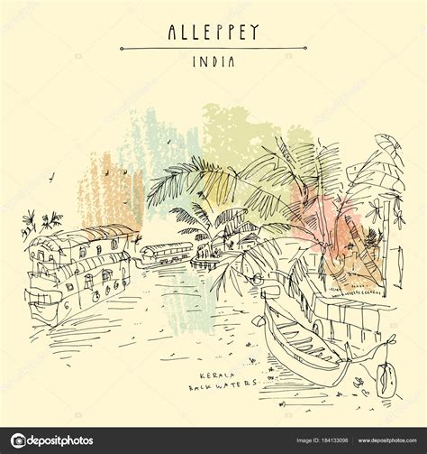 Alleppey Backwaters Kerala South India Artistic Travel Sketch Boats Water Stock Vector by ...