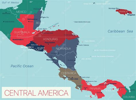 Premium Vector | Central america detailed editable map with countries and capitals.