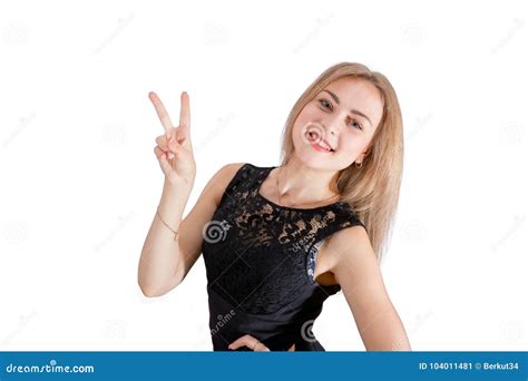 Smiling Young Woman Showing Peace Hand Sign Stock Image - Image of cheerful, isolated: 104011481