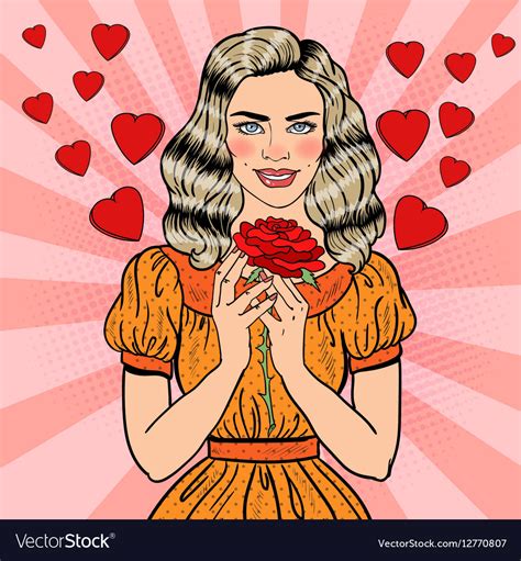 Pop art beautiful woman in love with red rose Vector Image