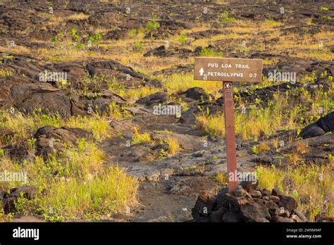 Puuloa Petroglyphs Trail sign, Hawaii Volcanoes National Park, Hawaii ...