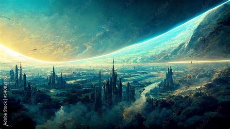 futuristic space planet landscape HD wallpaper desktop background Stock Illustration | Adobe Stock