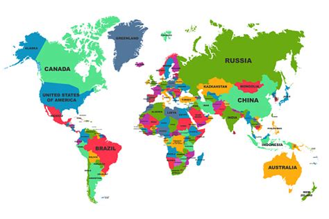 Political World Map Colourful World Countries And Country Names Continents Of The Planet Stock ...