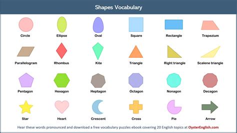 Learn common shapes in English. Listen to the words pronounced and get your free vocabulary ...