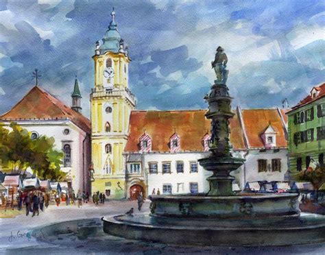 Joseph Gregor‎ "Main square" in Bratislava, Slovakia, 12x16 in. Watercolor | Bratislava ...