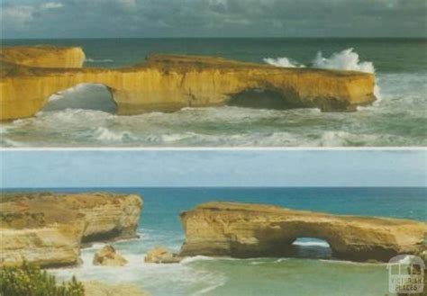 London Bridge, before and after section collapse, Jan 1990, west of Port Campbell | Victorian Places