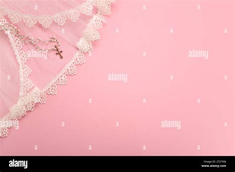 Christening background with baptism baby dress and cross on pink ...