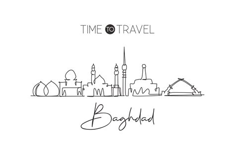 One continuous line drawing of Baghdad city skyline, Iraq. Beautiful city landmark. World ...