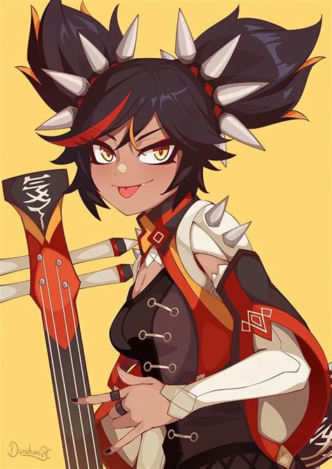 an anime character with horns on her head holding a guitar